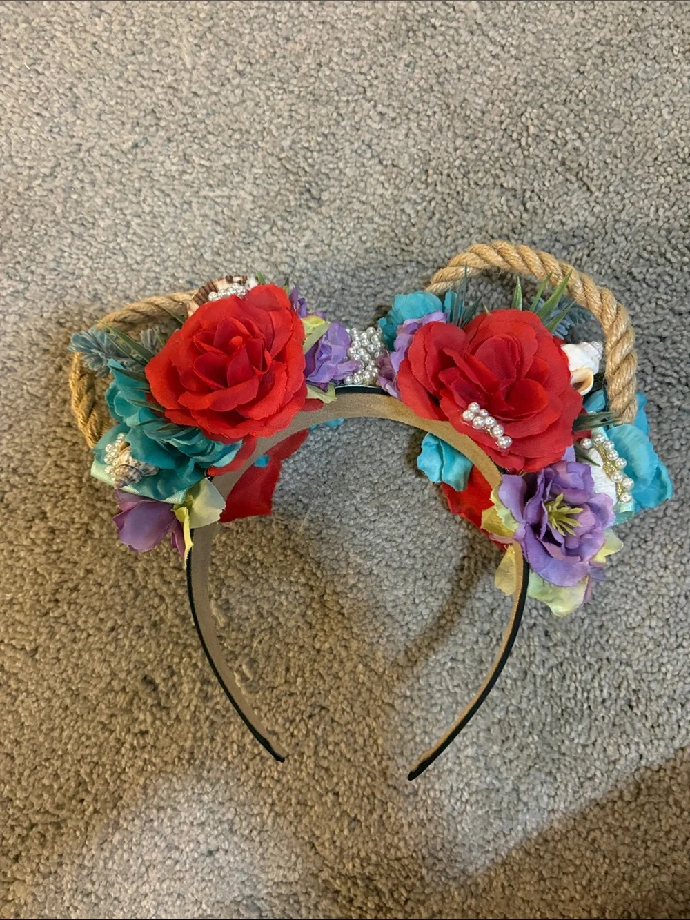 Two Floral Double-Ear Headbands with Red & Multicolor Blooms